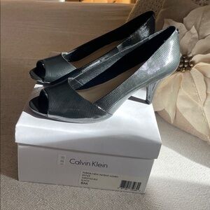 Calvin Klein Glossy Black Peep Toe Heels